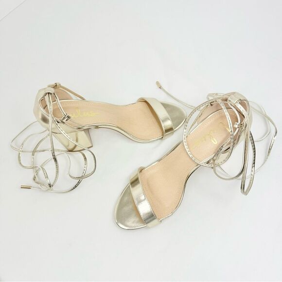 Lulus KAIRA Metallic Gold Open Toe Cord Wrap Ankle Tie Block Heel Sandals - Picture 6 of 16